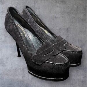 Authentic YSL Black Suede Penny Loafer Heels – Size 37.5